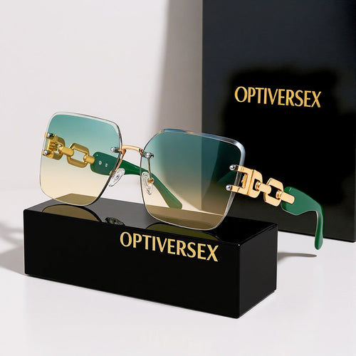 Oversized Square Sunglasses for Women – UV400 Gradient Lenses, Gold-Tone Metal Chain Temples, 4 Colors, Includes Portable Case & Cleaning Cloth