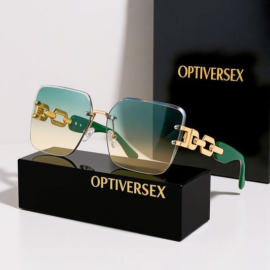 Oversized Square Sunglasses for Women – UV400 Gradient Lenses, Gold-Tone Metal Chain Temples, 4 Colors, Includes Portable Case & Cleaning Cloth