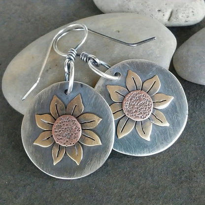 9-Pair Bohemian Geometric Earrings Set for Women – Wooden Leather Retro Sunflower Circular Earrings, Multicolor Boho Style, Perfect Christmas & Birthday Gift