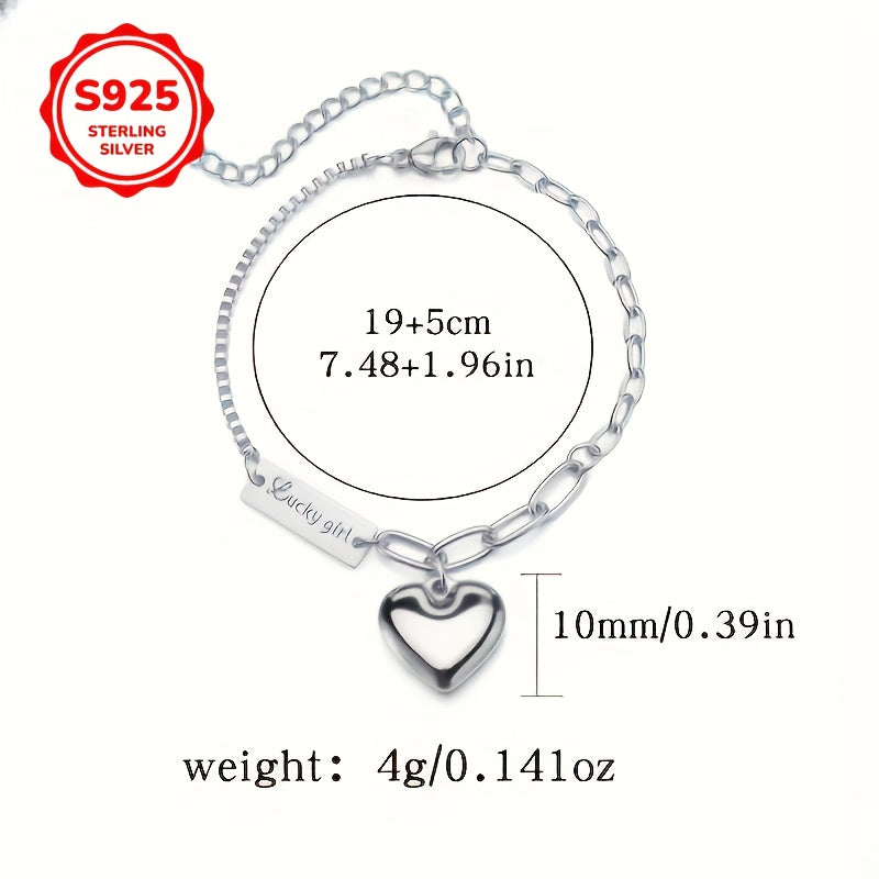 925 Sterling Silver Ankle Bracelet Set Heart Charm Lucky Tag – Boho Layered Anklet & Bracelet for Women, Dainty Matching Jewelry Gift for Christmas Birthday Beach Vacation Daily Wear