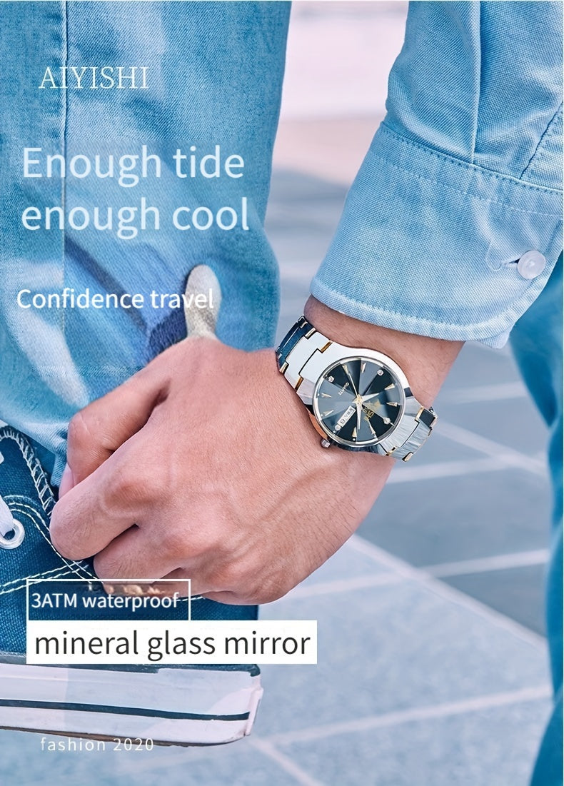 Men's Luminous Quartz Business Watch with Dual Date Calendar – Elegant Zinc Alloy Case, Simple Trend Design, Dress & Casual Wear