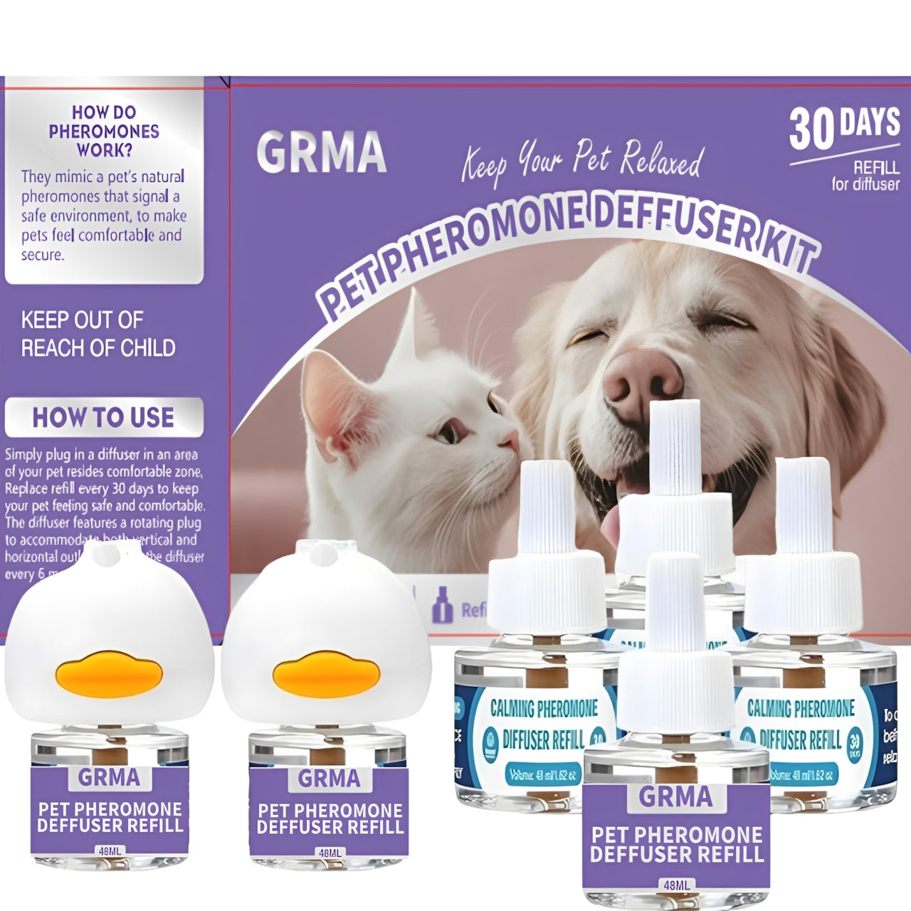 Pheromone Calming Diffuser for Cats & Dogs 3-in-1 – Reduces Anxiety Spraying Urination Fighting & Territory Marking Includes 1 Diffuser + 2 Refills