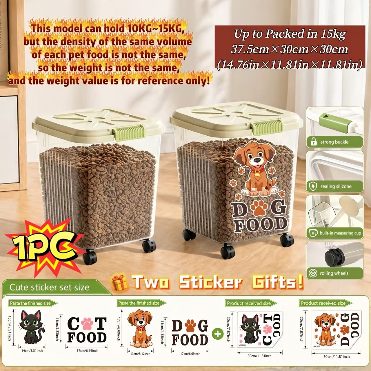 Pet Food Storage Container with Locking Lid & Scoop – Moisture-Proof Airtight Bin 6-55 lbs, Optional Wheels & Cute Sticker, Large Capacity for Cat & Dog Food Grains Flour