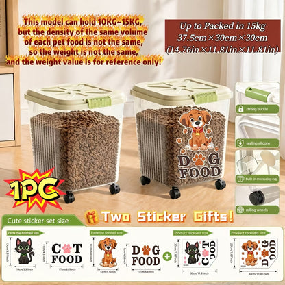 Pet Food Storage Container with Locking Lid & Scoop – Moisture-Proof Airtight Bin 6-55 lbs, Optional Wheels & Cute Sticker, Large Capacity for Cat & Dog Food Grains Flour