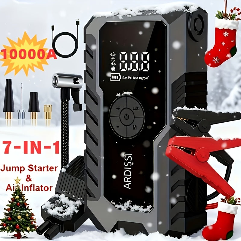 Portable Car Jump Starter 7-in-1 10000mAh 5000A Peak – 150PSI Digital Tire Inflator, LED Emergency Light & USB Charging for 12V Gas & Diesel Trucks SUVs Motorcycles – Holiday Gift for Men