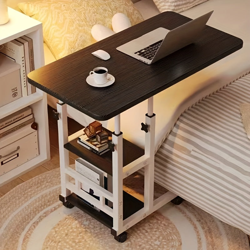 Height Adjustable Rolling Laptop Table with 4 Wheels & Dual Shelves – Mobile Workstation Desk for Bedside Dorm Office Living Room, Sturdy Steel Frame Space-Saving Design