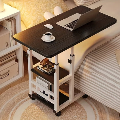 Height Adjustable Rolling Laptop Table with 4 Wheels & Dual Shelves – Mobile Workstation Desk for Bedside Dorm Office Living Room, Sturdy Steel Frame Space-Saving Design