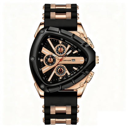 Men's Luxury Quartz Watch Triangular Dial Silicone Band Date Display Chronograph Business Casual Wristwatch 5 Colors