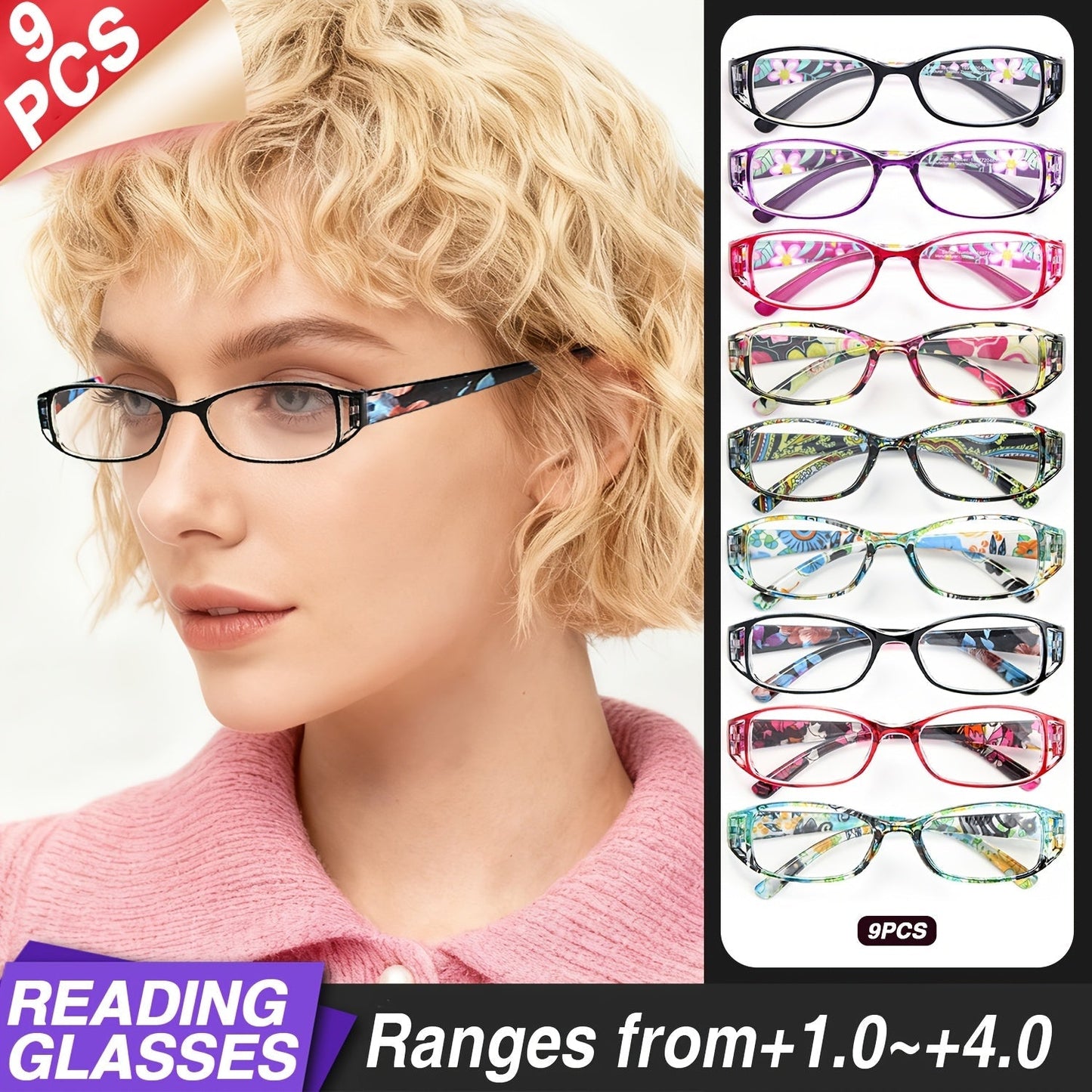 9 Pack Vintage Floral Square Frame Reading Glasses for Women, Lightweight Stylish Readers with Flower-Embellished Frames for Office & Everyday Use, Perfect Gift Set