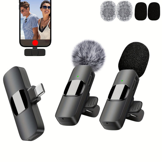 Clip-On Wireless Lavalier Microphone with 360° Omnidirectional Pickup, Noise Reduction & USB-C Rechargeable – 2-in-1 Voice Control for Streaming, Podcasts, Vlogging & Recording, Black & Pink