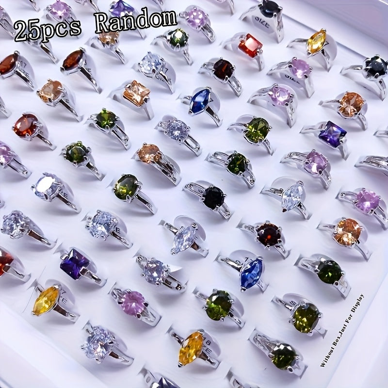 25-Piece Cubic Zirconia Stackable Ring Set – Shimmering Geometric CZ Rings in Silver & Gold, Multi-Color Variety Pack for Women, Engagement Wedding Evening Party Daily Wear Jewelry Gift