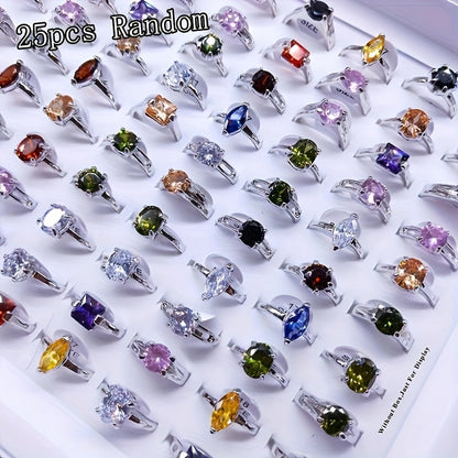 25-Piece Cubic Zirconia Stackable Ring Set – Shimmering Geometric CZ Rings in Silver & Gold, Multi-Color Variety Pack for Women, Engagement Wedding Evening Party Daily Wear Jewelry Gift