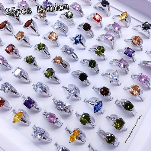 25-Piece Cubic Zirconia Stackable Ring Set – Shimmering Geometric CZ Rings in Silver & Gold, Multi-Color Variety Pack for Women, Engagement Wedding Evening Party Daily Wear Jewelry Gift