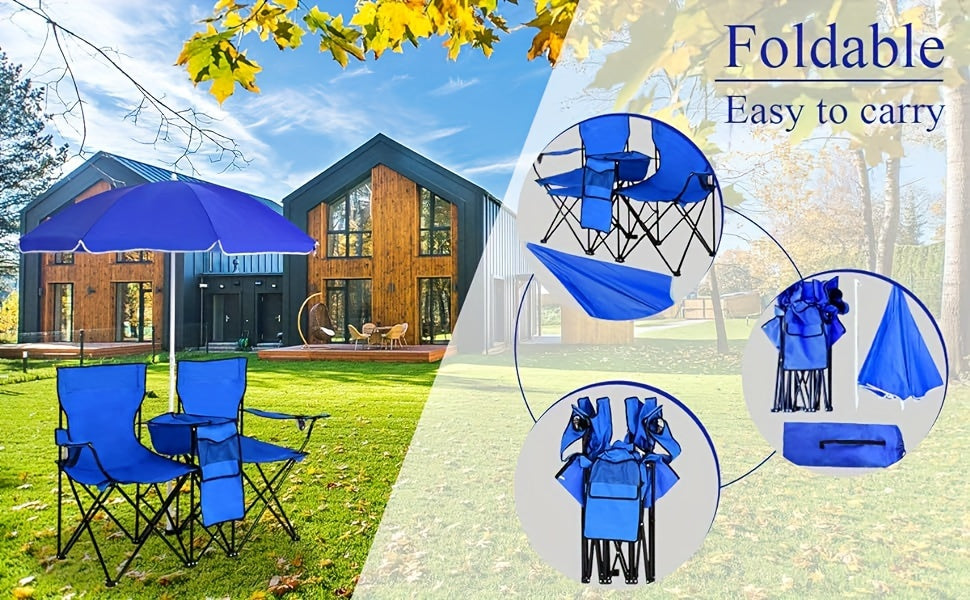 2-Person Folding Beach Chair Set with Umbrella, Table & Cooler Bag – Compact Collapsible Picnic Chair for Beach, Camping & Outdoor Outings, 270 lb Capacity Per Seat