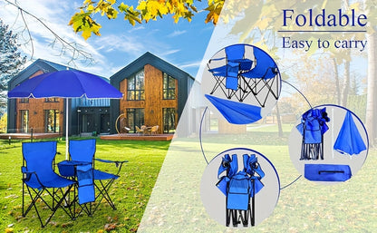 2-Person Folding Beach Chair Set with Umbrella, Table & Cooler Bag – Compact Collapsible Picnic Chair for Beach, Camping & Outdoor Outings, 270 lb Capacity Per Seat
