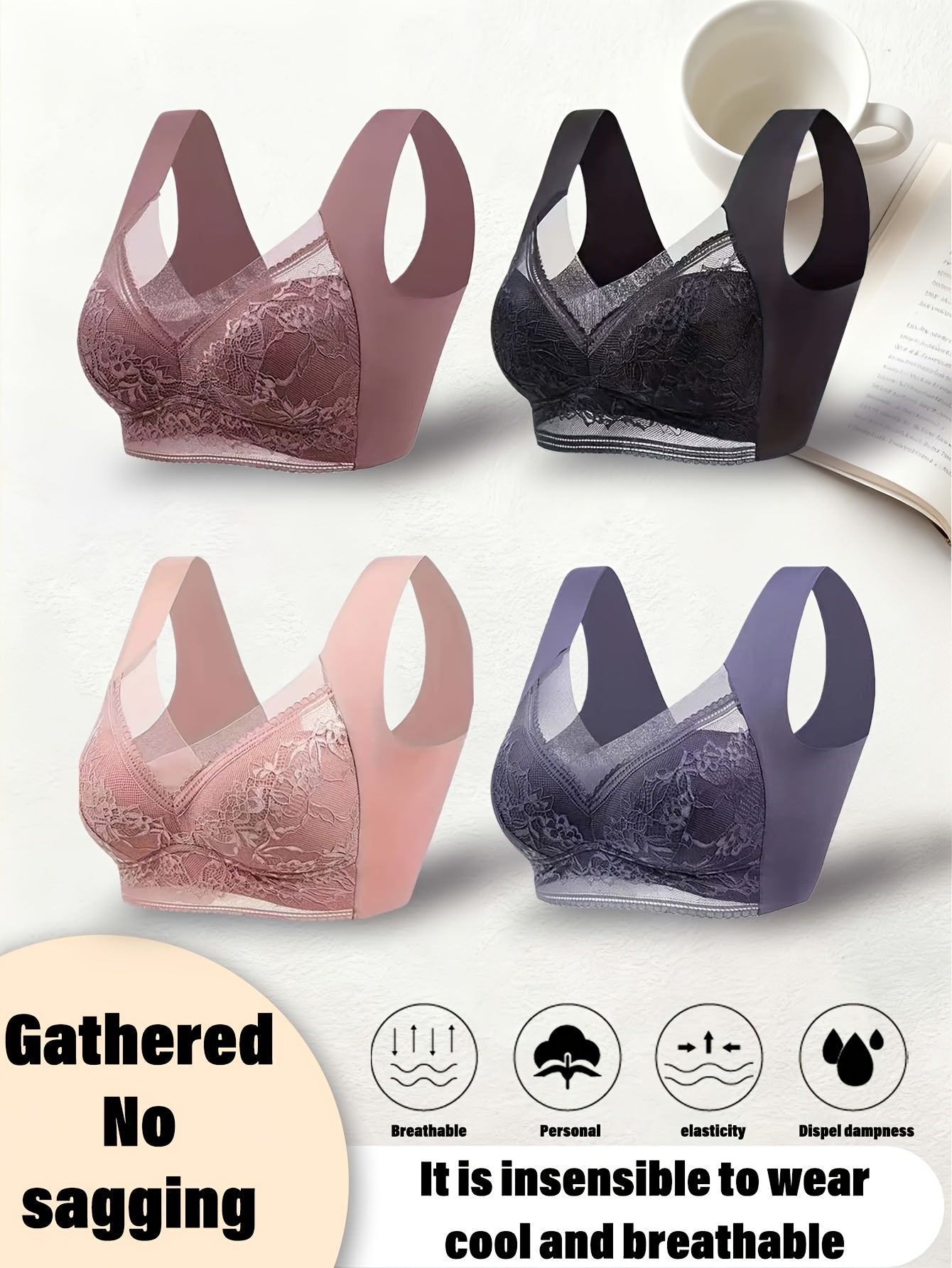 4 Pack Lace Ice Silk Bra Vest for Women – Traceless Gathered Support, Breathable Thin Style with Beautiful Back Design, Sizes S-XXL, 2 Multicolor Sets