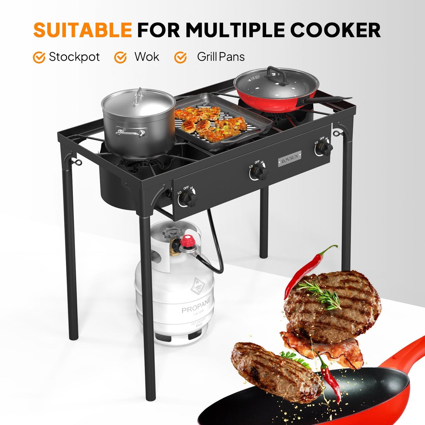 High Pressure Propane Burner Stove 100,000-225,000 BTU - Heavy Duty Cast Iron Outdoor Camp Cooker with Detachable Legs, CSA Listed Regulator, 1 or 3 Burner for Camping, Tailgating & Brewing