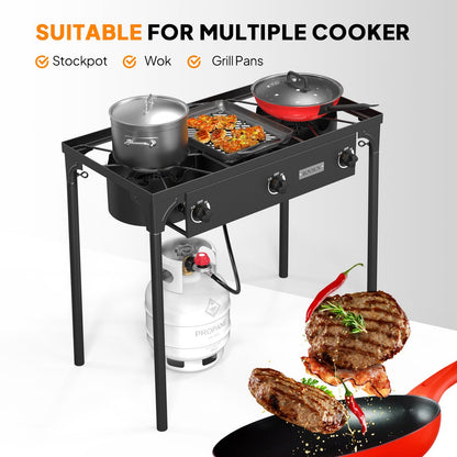 High Pressure Propane Burner Stove 100,000-225,000 BTU - Heavy Duty Cast Iron Outdoor Camp Cooker with Detachable Legs, CSA Listed Regulator, 1 or 3 Burner for Camping, Tailgating & Brewing