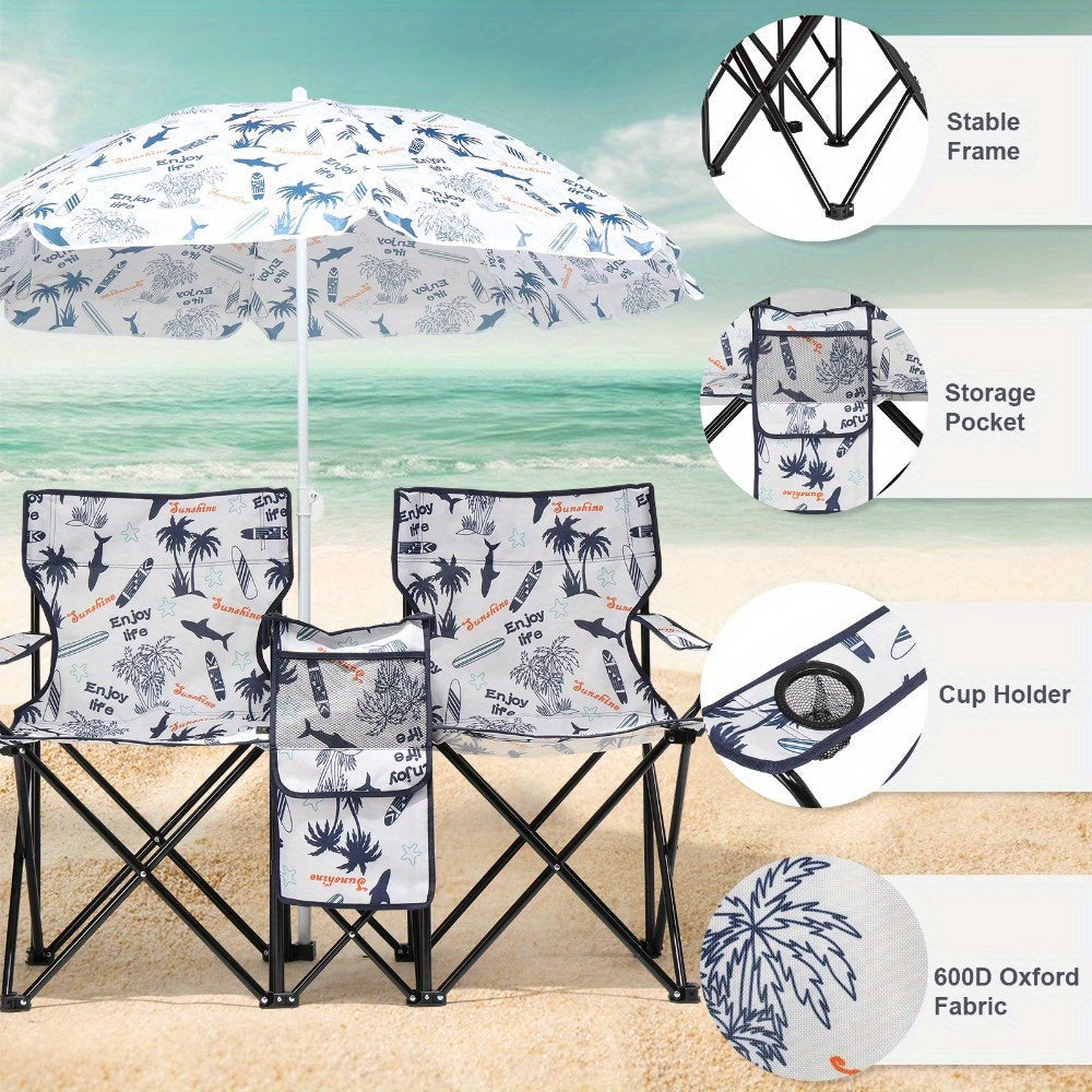 Folding Outdoor Fishing Chair with Sun Umbrella Iron Alloy Frame Oxford Fabric 187 Lb Capacity Portable Beach Patio Camping Chair with Storage Bag Red Black Grey Blue Coconut Pineapple Pattern