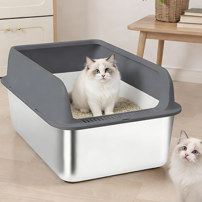 Stainless Steel Cat Litter Box Odor-Proof High-Sided Metal Litter Tray – Non-Stick Leak-Proof Easy Clean Indoor Cat Toilet for Large Medium Small Cats, Multiple Sizes & Colors
