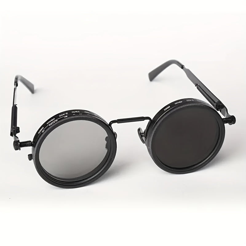 Industrial Punk Rotating Glasses – Black Round Frame with TAC Lenses & Adjustable Spring Temples, Vintage Steampunk Eyewear for Casual, Formal & Edgy Fashion Looks