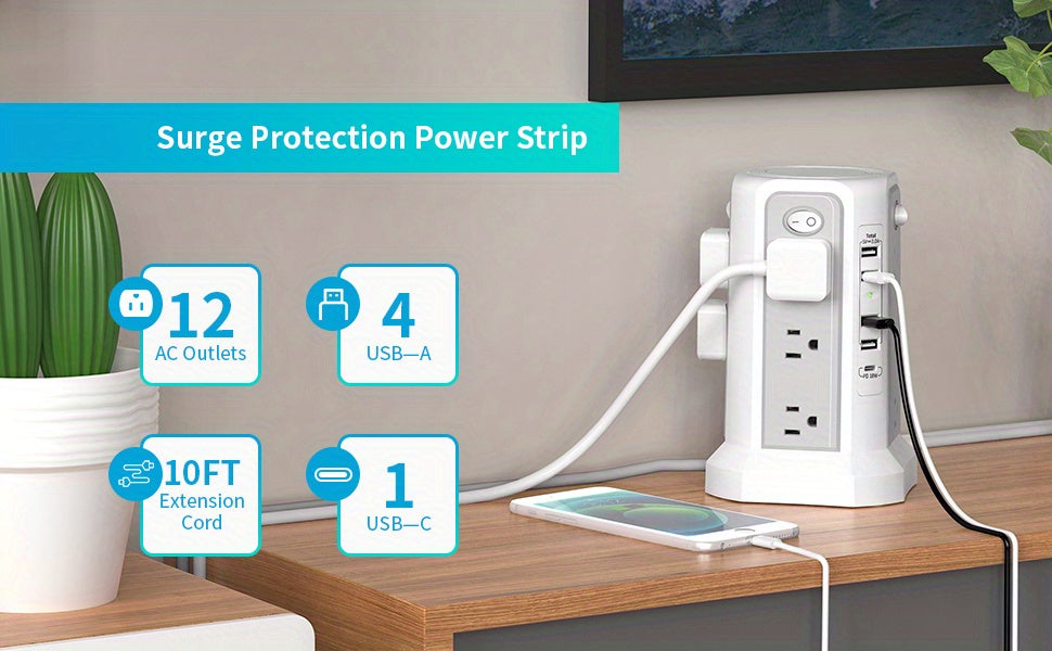 Tower Surge Protector Power Strip 12 AC Outlets 5 USB Ports PD 18W USB-C Fast Charging 10FT Extension Cord 1800J Surge Protection 4 Switches for Home Office Desk Dorm Room – Space-Saving Vertical Design