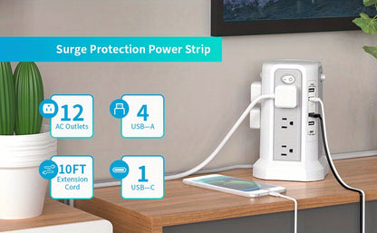 Tower Surge Protector Power Strip 12 AC Outlets 5 USB Ports PD 18W USB-C Fast Charging 10FT Extension Cord 1800J Surge Protection 4 Switches for Home Office Desk Dorm Room – Space-Saving Vertical Design