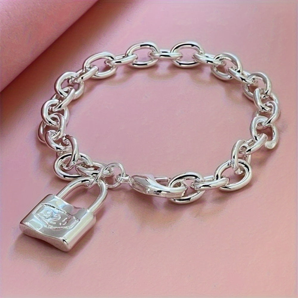 925 Sterling Silver Chain Bracelet for Women – Dainty Korean Boho Lock Clasp Pendant Bracelet, Hypoallergenic, Lightweight 2g, Perfect Gift for Her