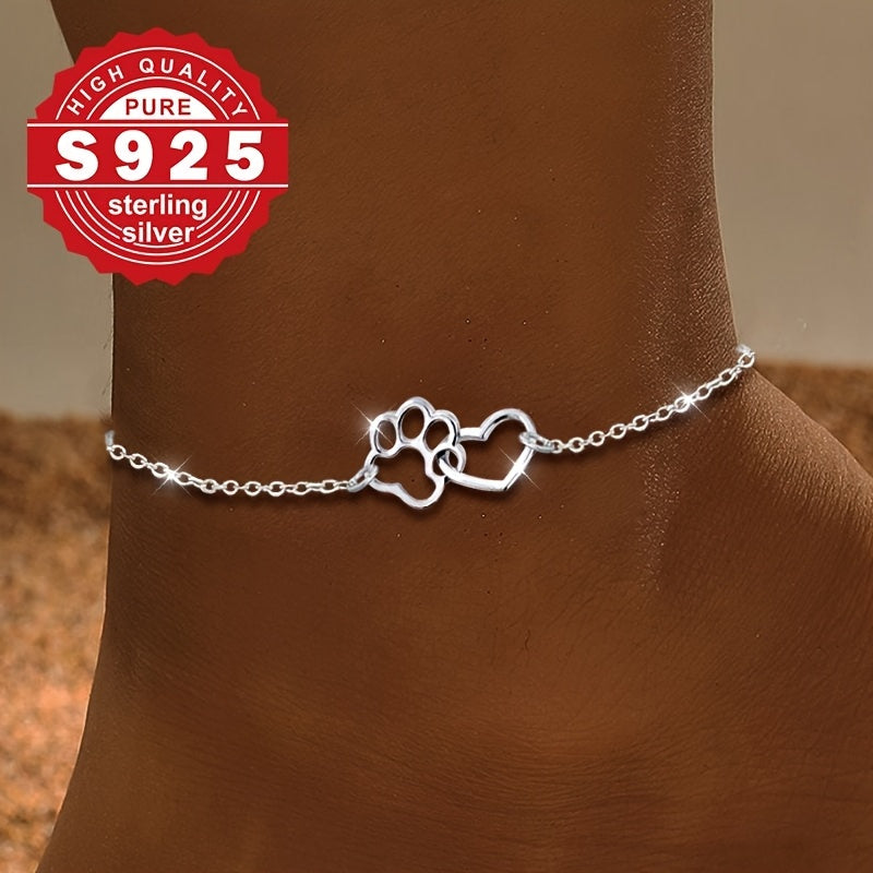 S925 Sterling Silver Heart Paw Anklet for Women – Vintage Elegant Boho Beach Jewelry, Perfect for Vacation & Casual Wear, Ideal Gift for Valentine's Day & Anniversaries
