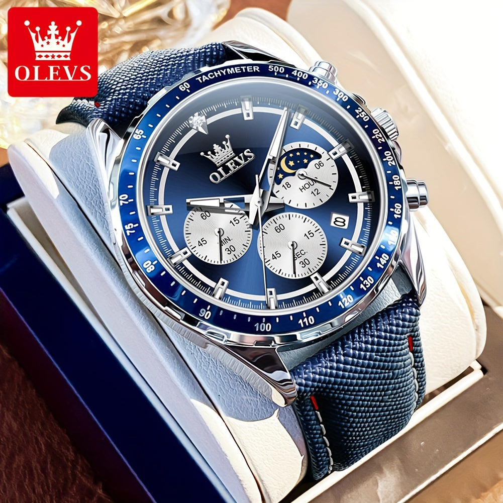 OLEVS Men's Luxury Quartz Watch – Moon Phase Calendar Big Face Chronograph, Waterproof Leather Wristwatch with Luminous Hands, Elegant Dress Watch for Men, Birthday Father's Day Gift Blue Black White Green