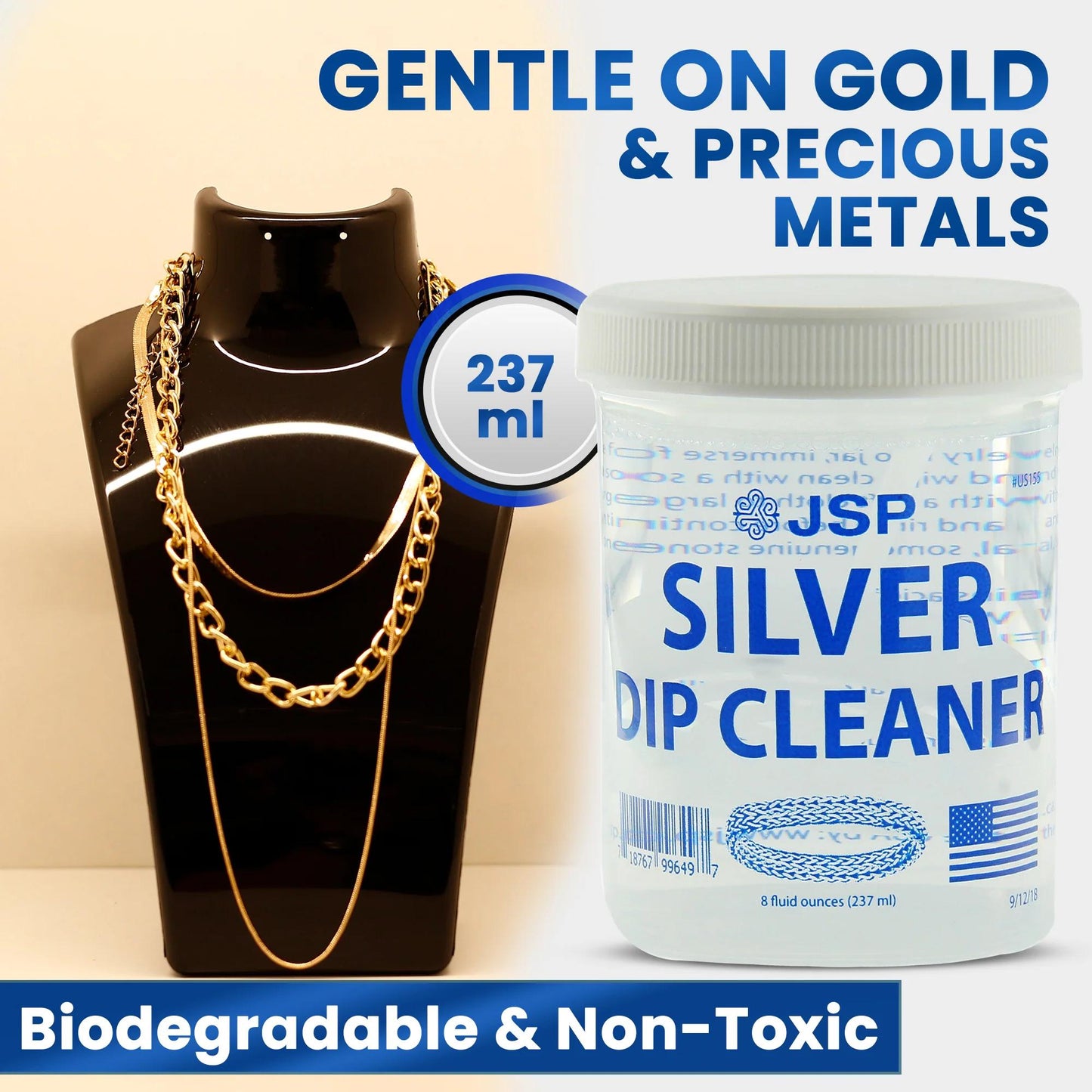 JSP Sterling Silver Dip Cleaner & Tarnish Remover 8oz – 925 & 999 Silver Jewelry Cleaning Solution with Dipping Basket & Microfiber Cloth, Restores Shine to Silver, Gold & Precious Metals