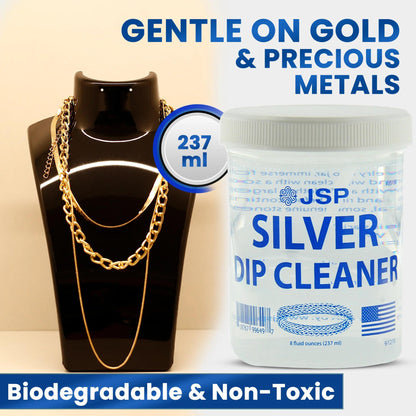 JSP Sterling Silver Dip Cleaner & Tarnish Remover 8oz – 925 & 999 Silver Jewelry Cleaning Solution with Dipping Basket & Microfiber Cloth, Restores Shine to Silver, Gold & Precious Metals