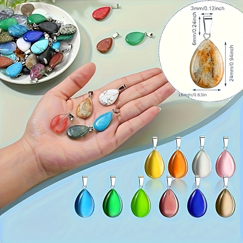 40pcs Natural Crystal Teardrop Pendant Necklace Set – Multi-Color Stone Pendants with Faux Leather Cord, Boho Elegant Jewelry Bulk Pack for Holiday Party DIY Crafts Gift