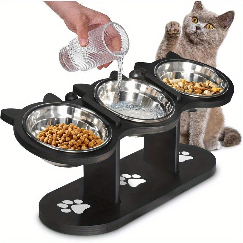 Elevated Cat Bowl Stand with 15° Tilted Stainless Steel Bowls – Adjustable Raised Feeder for Cats & Small Dogs, Anti-Spill Black Wooden Base, Set of 2 or 3 Bowls for Food and Water