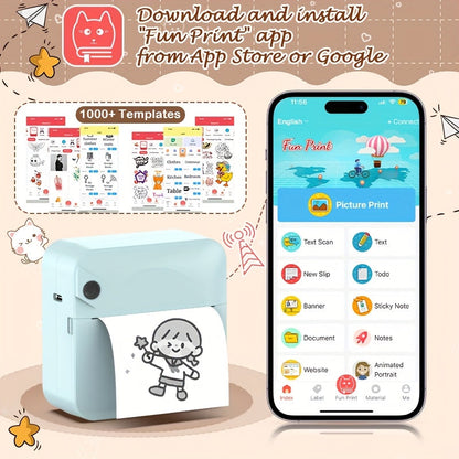 Mini Thermal Sticker Printer Inkless, Wireless Pocket Photo Printer with 1 Roll Thermal Paper, Portable Bluetooth Label Maker for Photos, Journaling, Notes & Memos – Cute Gift for Girls & Students