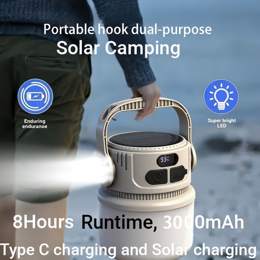 Solar Rechargeable LED Camping Lantern 6 Modes - USB Power Bank, Hook, 4-8 Hour Battery, Portable Outdoor Light for Tent Camping, Hiking, Mountaineering & Emergency