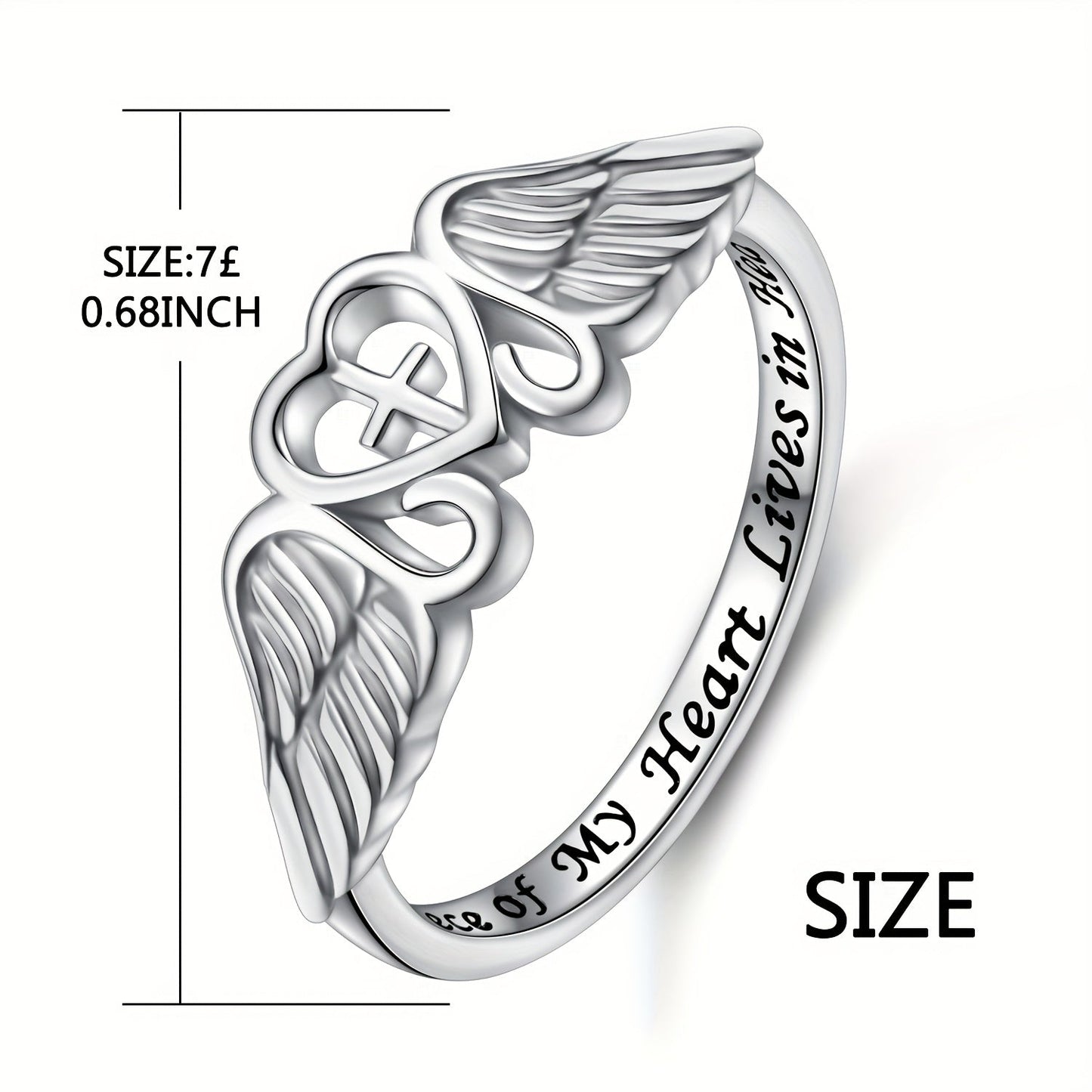 S925 Sterling Silver Angel Wing Memorial Ring – A Piece of My Heart Lives in Heaven, Rhodium Plated, Sympathy Gift for Loss of Mom Dad Grandma Grandpa Daughter Son, Sizes 5-10