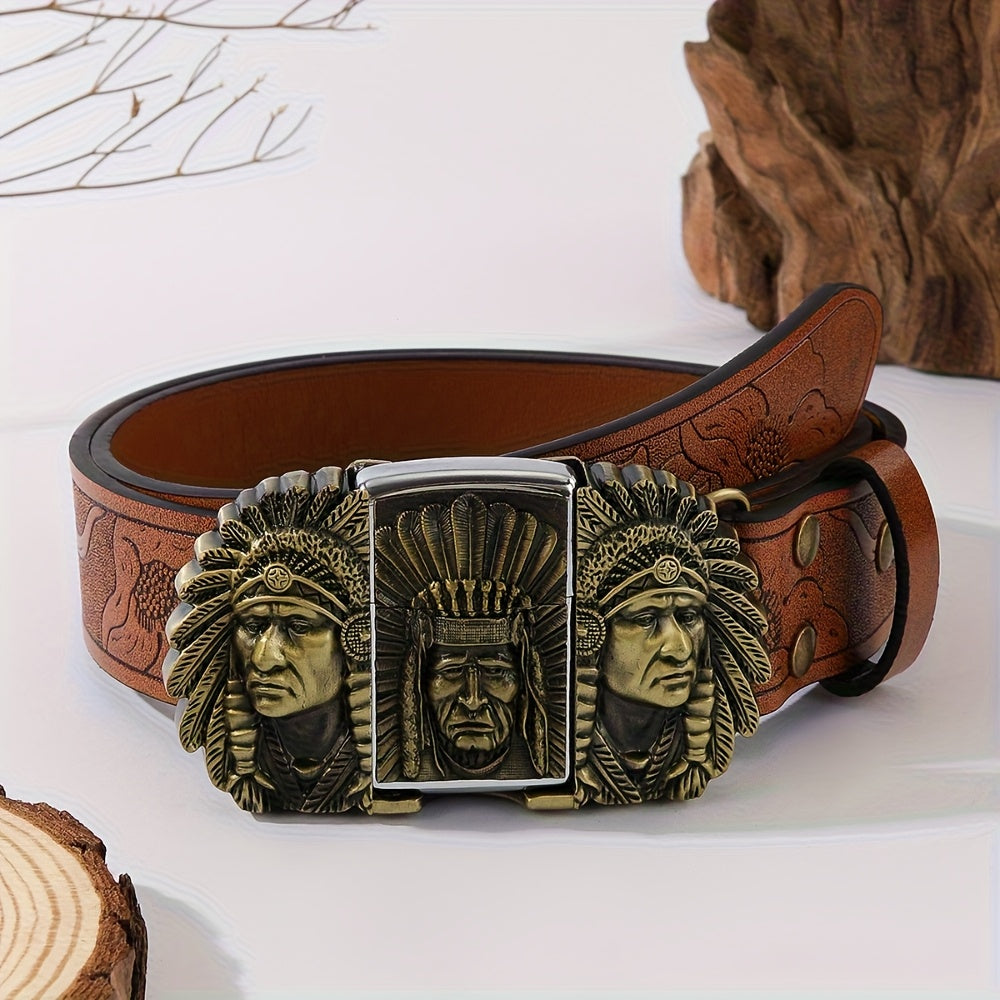 Retro Western Cowboy Belt with Detachable Lighter – Embossed Printed Novelty Accessory Belt in Skull, Eagle, Cross & Native American Designs, Unique Gift for Men for Christmas, Thanksgiving & Valentine's Day