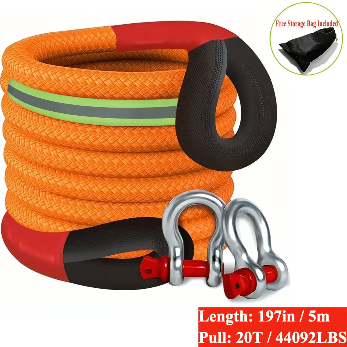 Heavy Duty Tow Rope & Hook Combo Set – 196.85" Nylon Recovery Rope 5/18/20 Ton with 2 Steel U-Hooks & Storage Bag, Off-Road Vehicle Recovery for Truck SUV UTV ATV Jeep, 3 Size Options