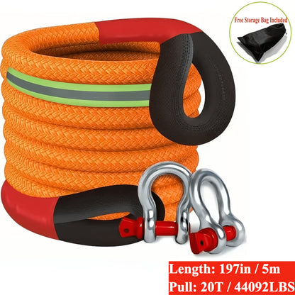 Heavy Duty Tow Rope & Hook Combo Set – 196.85" Nylon Recovery Rope 5/18/20 Ton with 2 Steel U-Hooks & Storage Bag, Off-Road Vehicle Recovery for Truck SUV UTV ATV Jeep, 3 Size Options