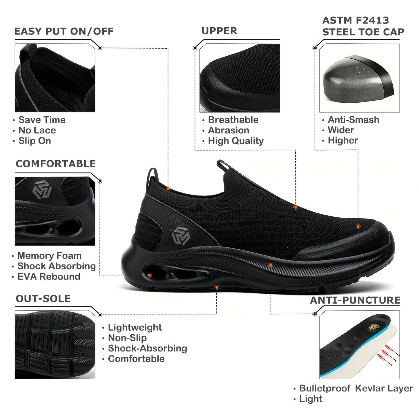 Steel Toe Work Shoes for Men Slip-On Lightweight Safety Sneakers Puncture-Resistant Non-Slip for Construction Warehouse Restaurant Black Grey Blue US 5.5-14