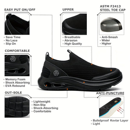 Steel Toe Work Shoes for Men Slip-On Lightweight Safety Sneakers Puncture-Resistant Non-Slip for Construction Warehouse Restaurant Black Grey Blue US 5.5-14