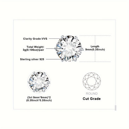 Moissanite Stud Earrings 925 Sterling Silver Round Cut Brilliant Sparkle 0.6ct to 6ct Platinum Plated Wedding Engagement Fine Jewelry for Women Girls Daily Prom Party