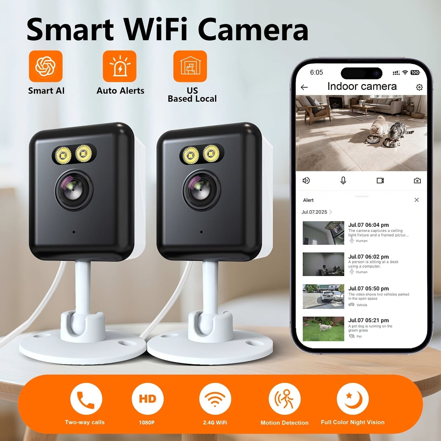 2 Pack WiFi Indoor Security Camera 3MP HD AI Humanoid Detection Full Color Night Vision Two-Way Audio Smart Motion Detection Alexa Compatible App Control Home Surveillance Camera