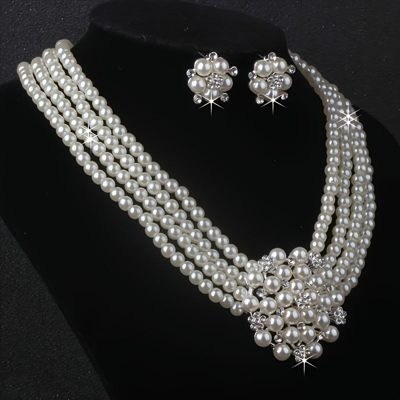 Luxury Bridal Necklace & Earring Set for Women – Silver Plated Beaded Jewelry Set for Wedding, Evening Party & Stage Performance, Elegant Dress Accessories