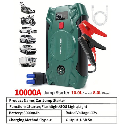 10000A Car Jump Starter 7-in-1 with 150PSI Air Compressor, Digital Tire Inflator, LED Emergency Light & USB Power Bank – Portable Battery Booster for Gas & Diesel Vehicles – Velora