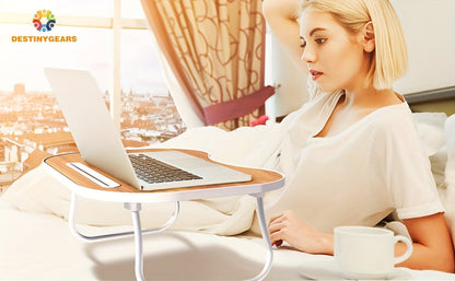 Lap Desk for Laptop with USB Port Storage Drawer & Cup Holder – Walnut Wood Bed Tray Table for Eating Writing Sofa Couch Adults Students