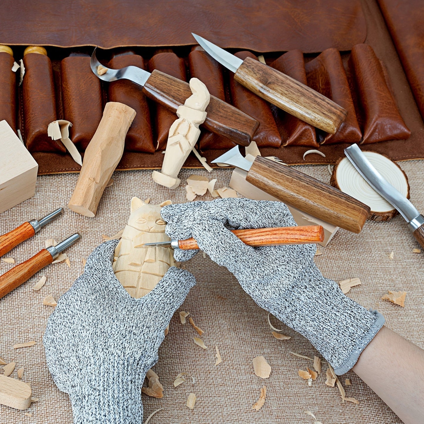 Wood Carving Knife Set PU Case 15-23 Piece Whittling Kit Chisel Hook Detail Geometric Knife Safety Gloves Leather Strop Basswood Block Art Craft Gift