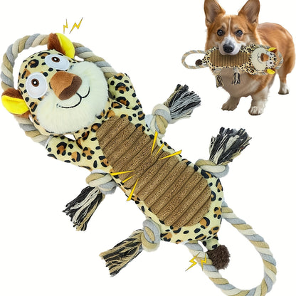 Large Squeaky Plush Dog Toys with Pull Rope & Crinkle Ears for Aggressive Chewers – Interactive Tug of War Chew Toys for Small, Medium & Large Dogs, Bear, Lion & Leopard Designs