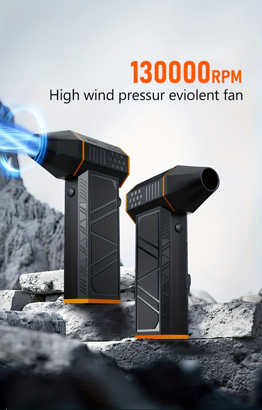 Electric Air Duster 130,000 RPM Cordless Rechargeable | 3-Speed Turbine Fan Air Blower for Keyboard, Computer, Car Interior & Home – Replaces Compressed Air Cans – Black & Orange